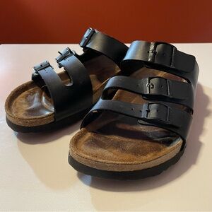 Betula Birkenstock Women’s Black Birko-Flor Cork Buckle Slip On Comfort Sandals